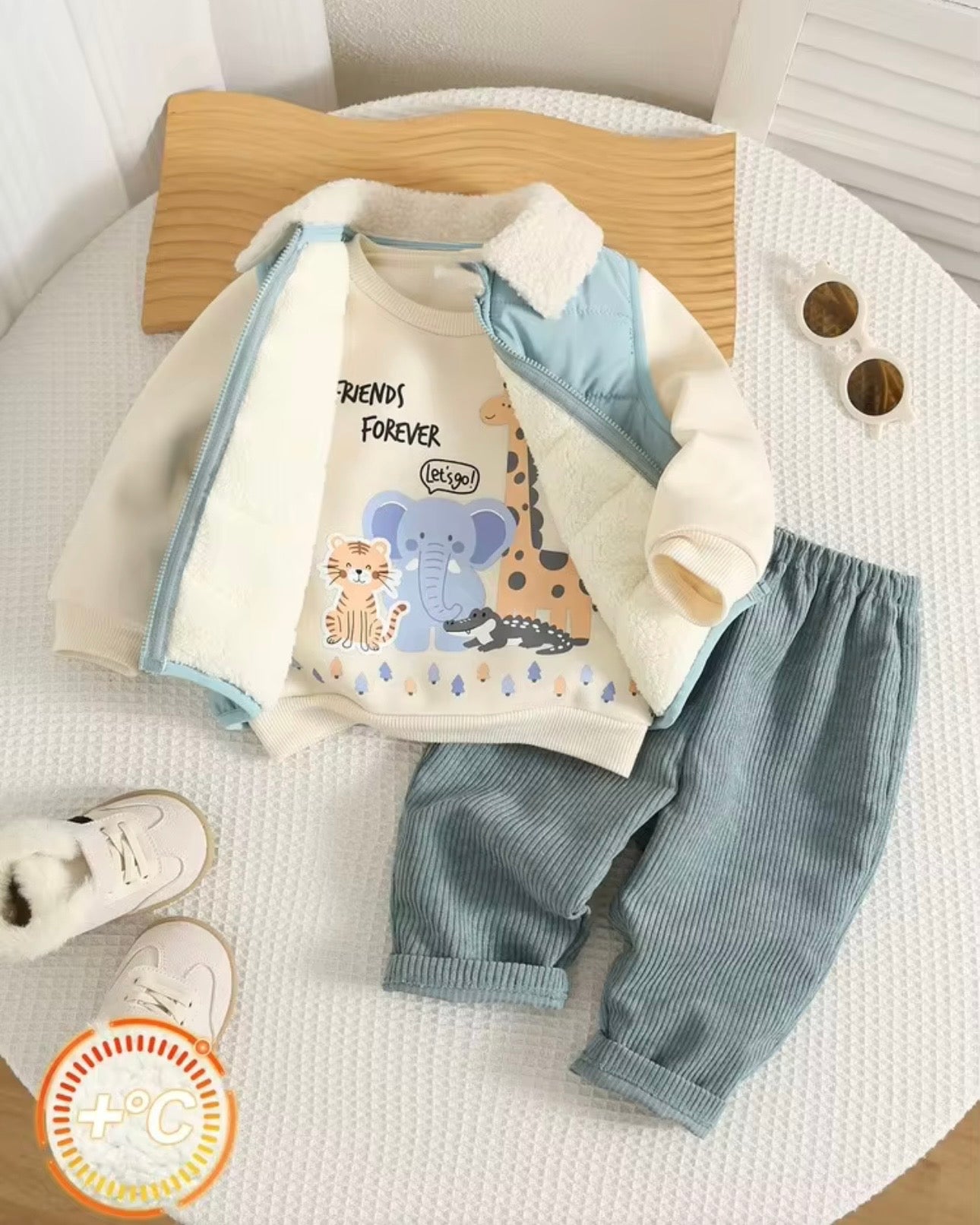 Baby Boy sweatshirt, fleece-lined pants, and Sky Blue vest jacket