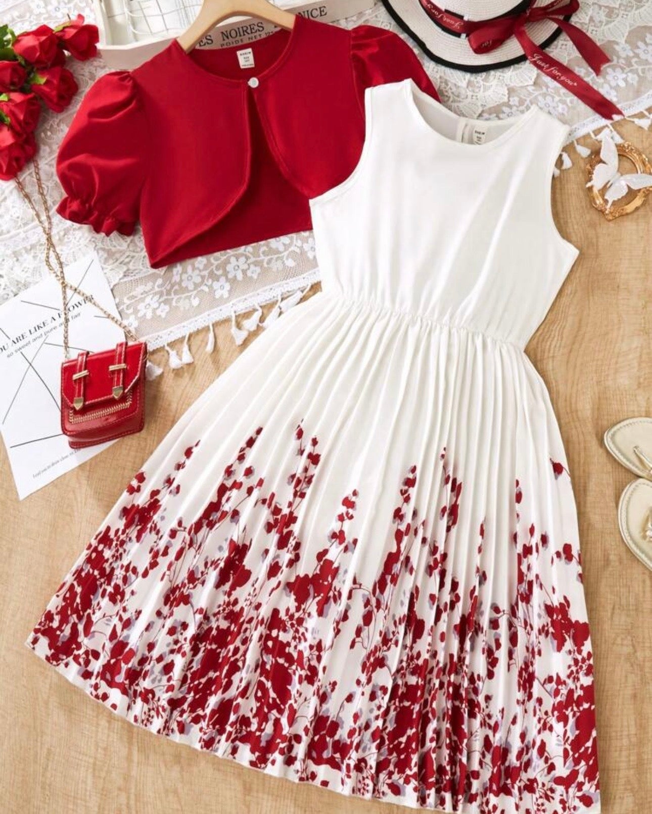 Girls 2-Piece Red Floral Print Pleated Dress & Cardigan Set