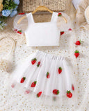 Baby Girl Strawberry Petal Sleeve Mesh Top & Skirt Set
