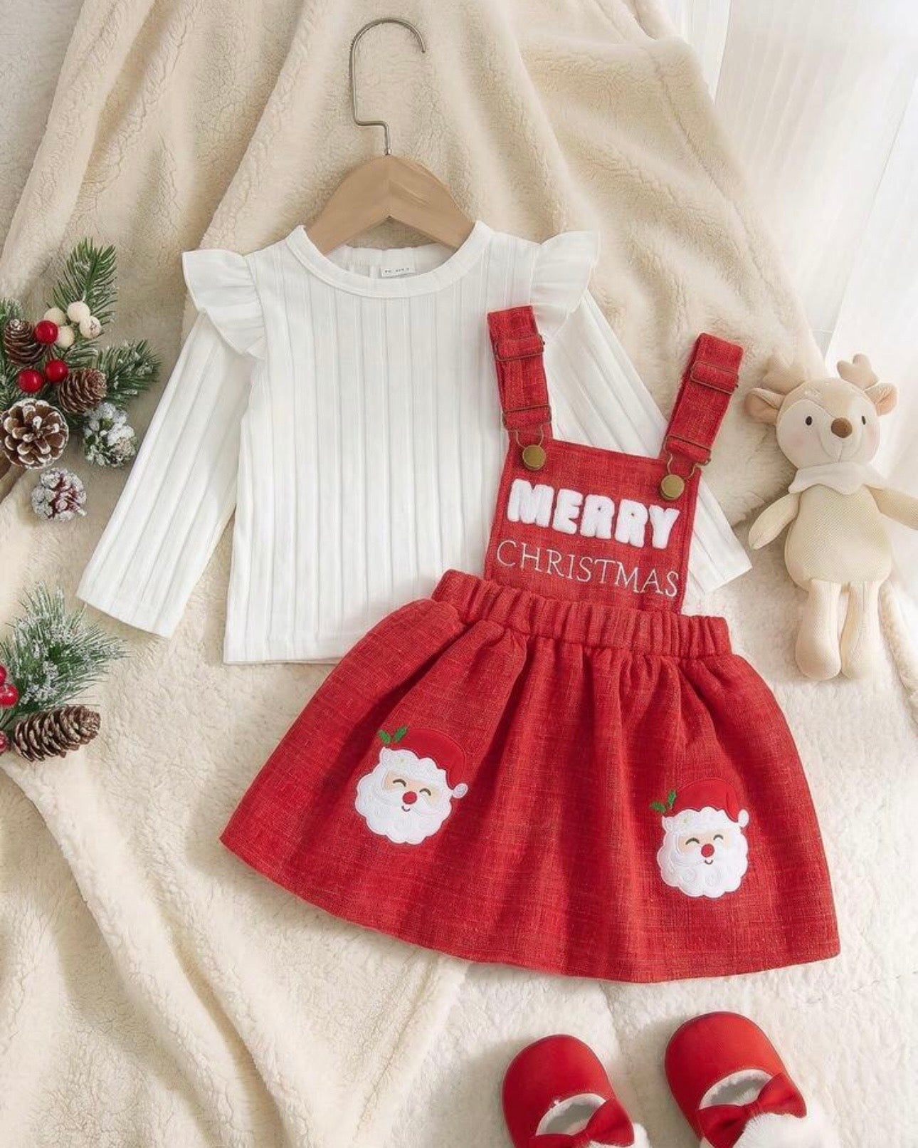 Toddler Girls Flutter Sleeve Top And Santa Claus Embroidery Overall Skirt Set