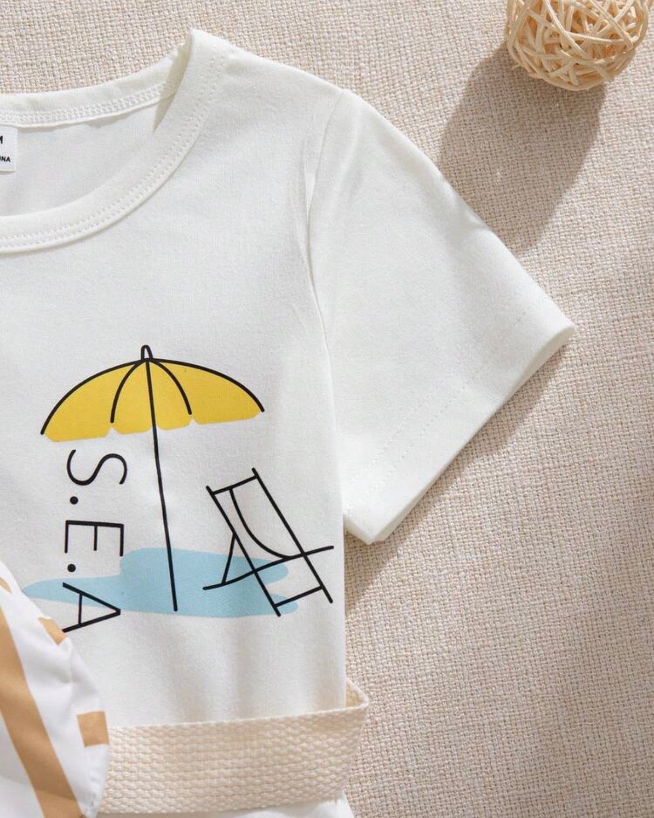 3-Piece Baby Boy Vacation Outfit Set – Graphic Tee, Striped Shorts & Crossbody Bag