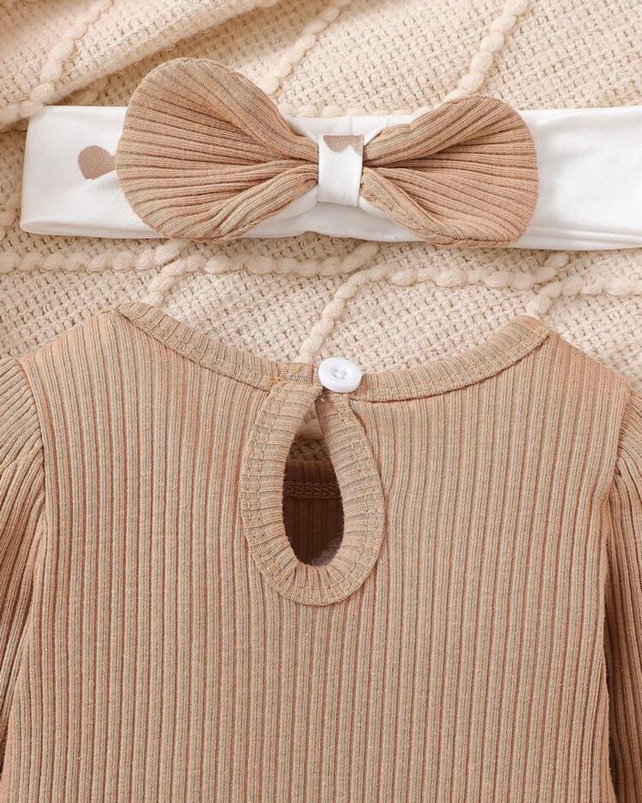 3pcs New Born Apricot Girls Ribbed Romper, Pants and Headband