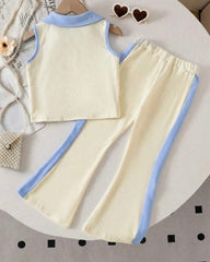 2pcs Girls 3D Floral Knitted White and Blue Polo Vest And Flared Pants