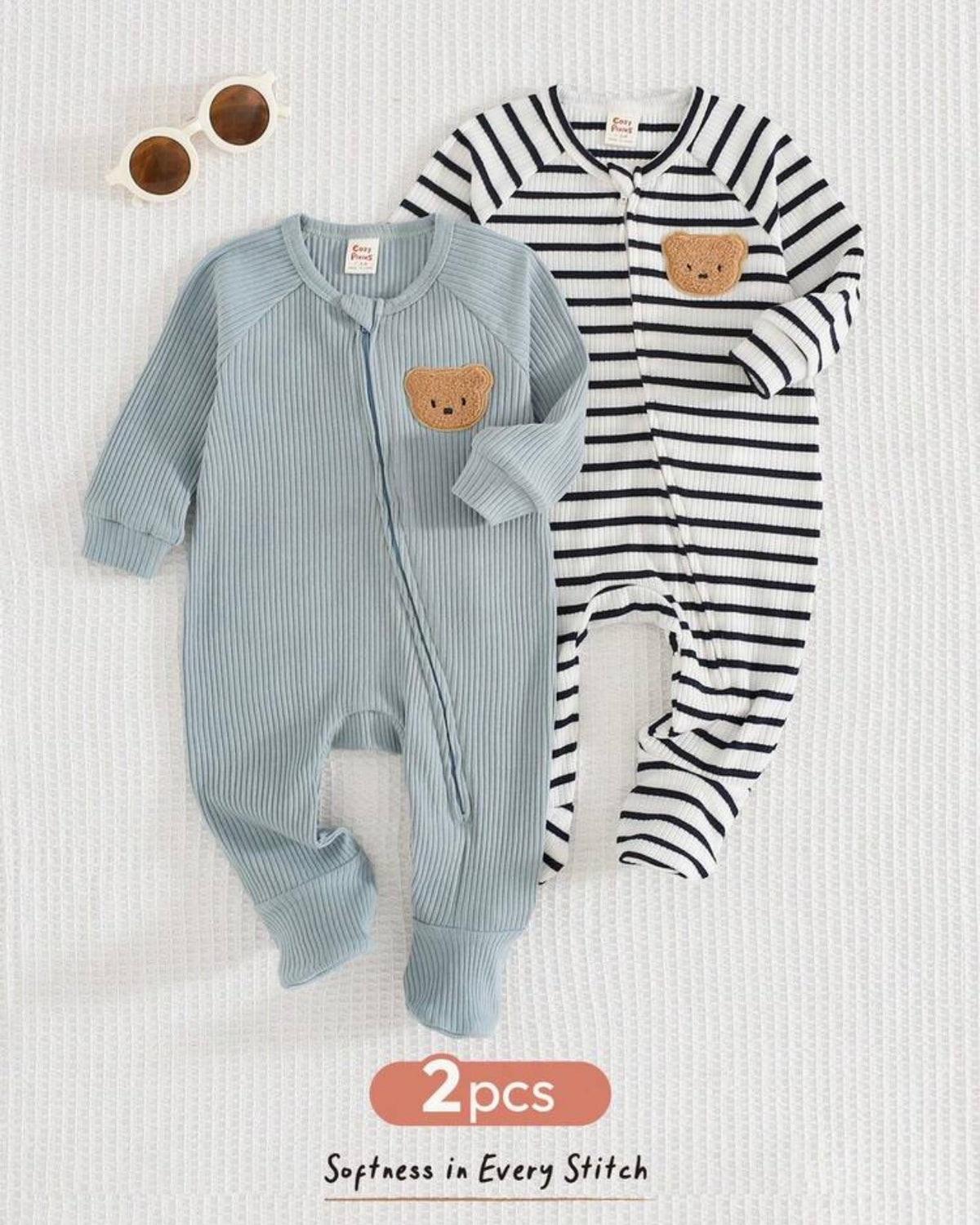 2-Piece Newborn Bear Striped and Blue winter Romper Set