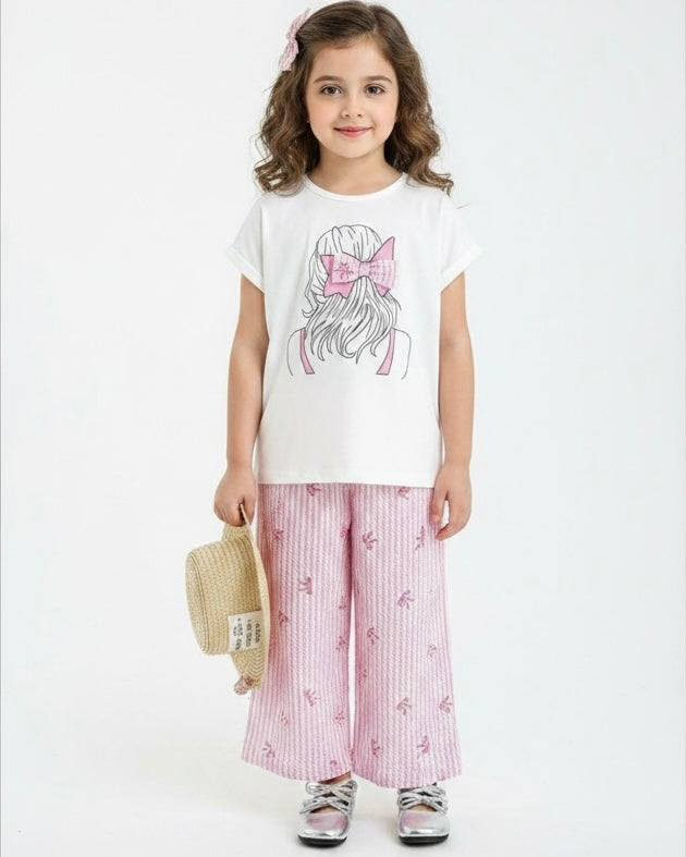 2 pcs White T-Shirt & Pink Bow Design Loose Pants