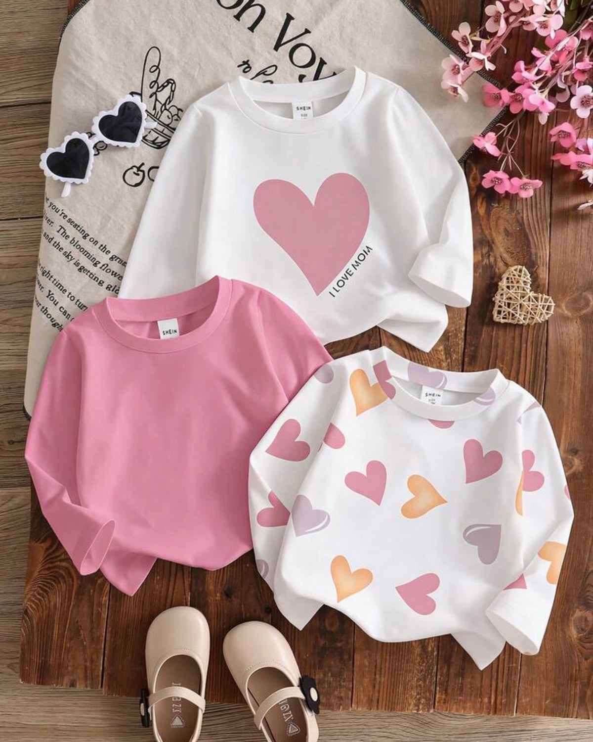 Pack of 3 Baby Girl Full Sleeves Heart & Letter Print T-Shirt Set