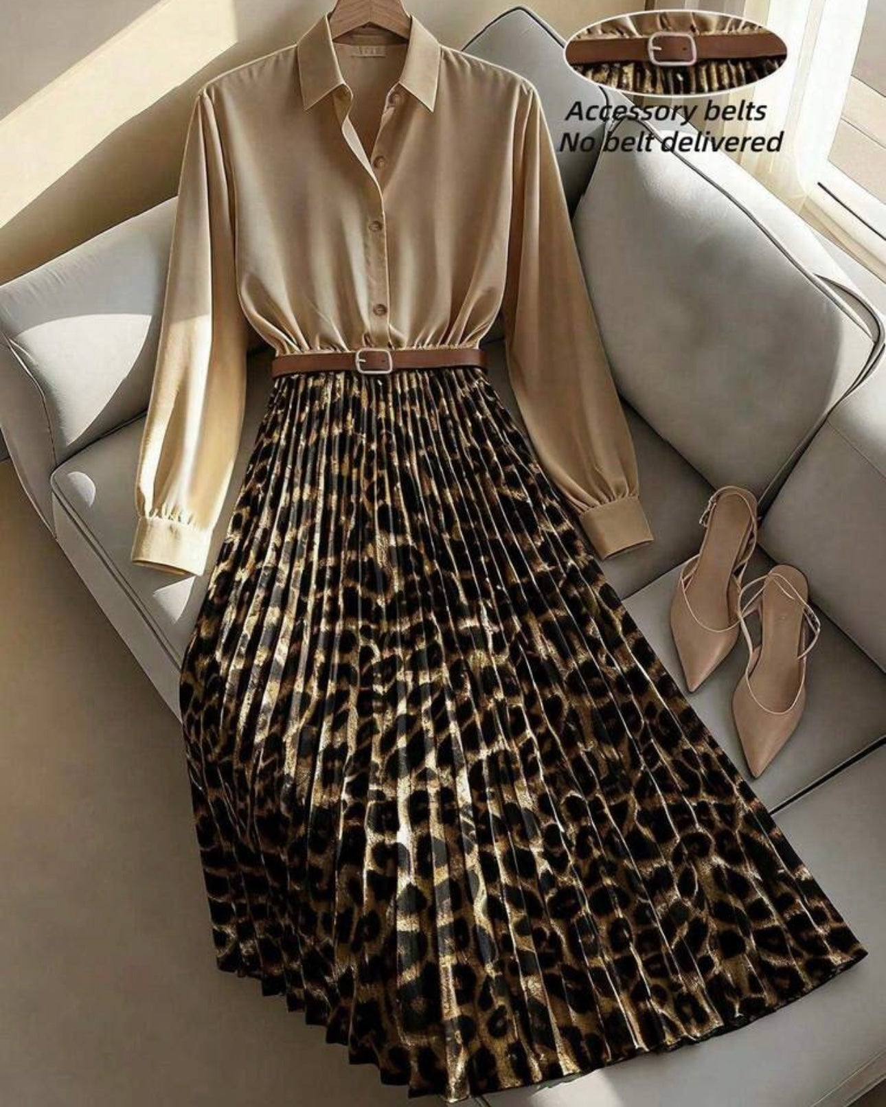 Women's Elegant Waist Cinched Slim Fit Leopard Print Pleated Flare Maxi Dress