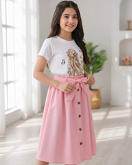 Tween Girl Cartoon Printed Pink Short Sleeve T-Shirt And Waist-Tied Skirt
