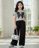 Girls Black Bow Embroidery Grey T-Shirt & Cargo Pants Set