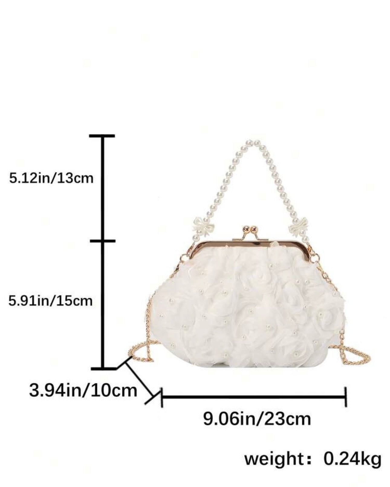 White Net Flower & Pearl Clutch with Pearl Handle