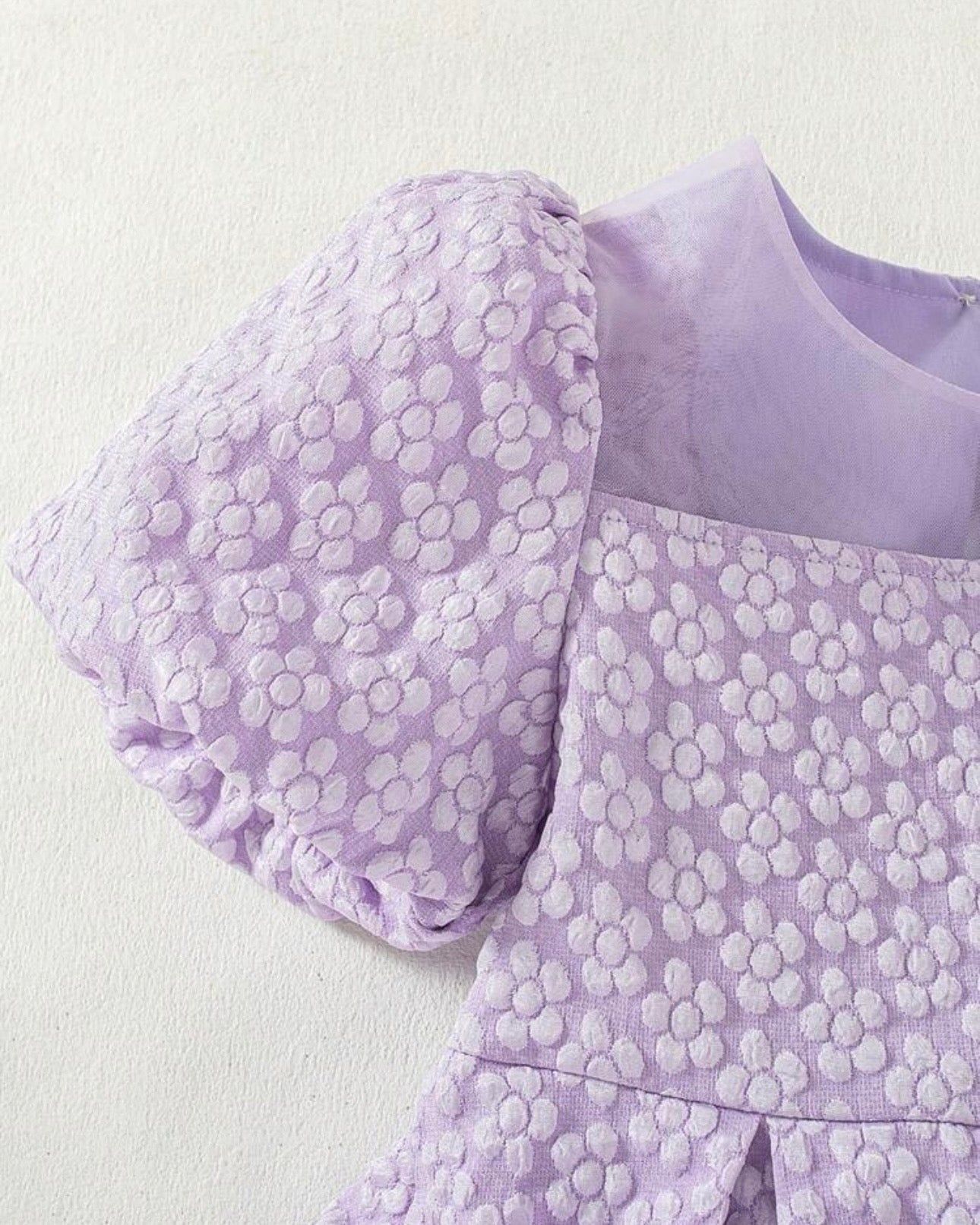 Girls Lilac Chiffon Floral Dress – Puffy Sleeve Princess Party Dress, Elastic Waist Summer Outfit for Kids