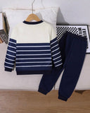 Boys Beige & Blue Striped 2-Piece Sweatshirt & Pants Set
