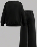 Tween Girl Casual Bow Print Knit Solid Color Loose Drop Shoulder Long Sleeve Sweatshirt & Wide Leg Sweatpants Set