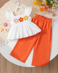 2pcs White & Orange Colour Striped 3D Floral Embroidery Top And Straight Leg Pants
