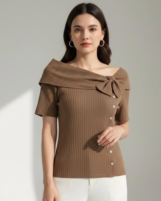 Women’s Brown Asymmetric Bow Decor Casual T-Shirt