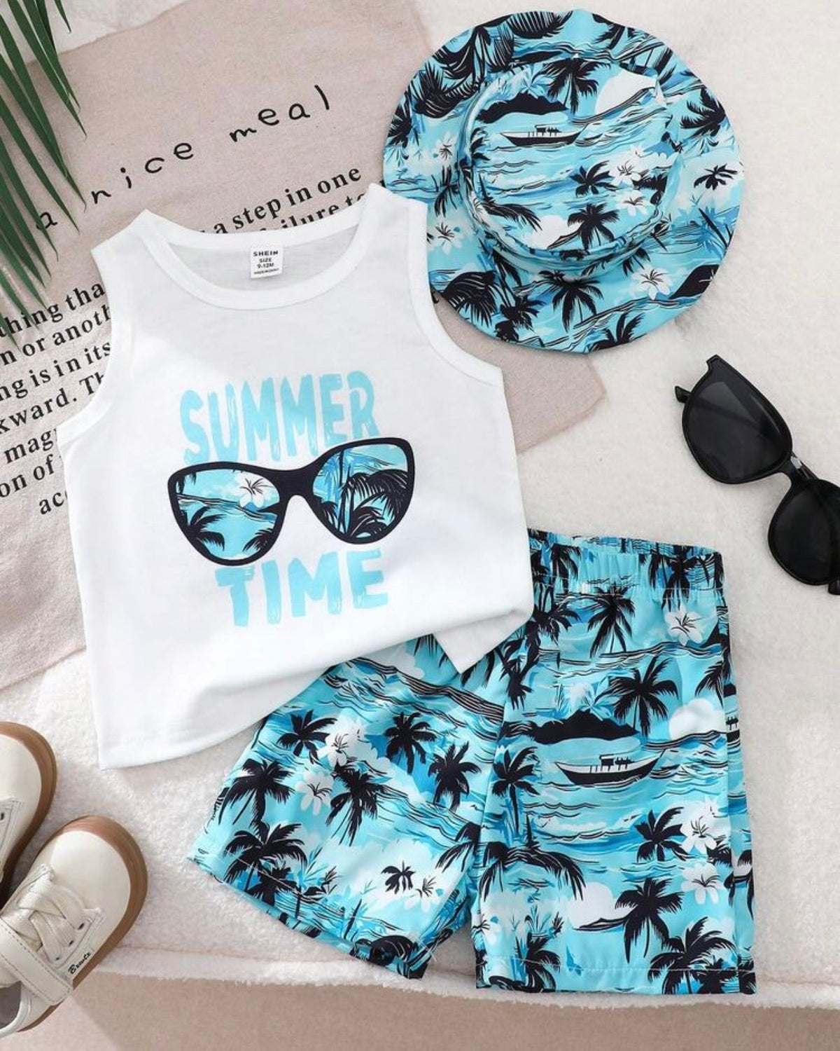 Boys 3pc Blue & White Stripe Summer Time Print Top, Coconut Tree Beach Shorts & Hat