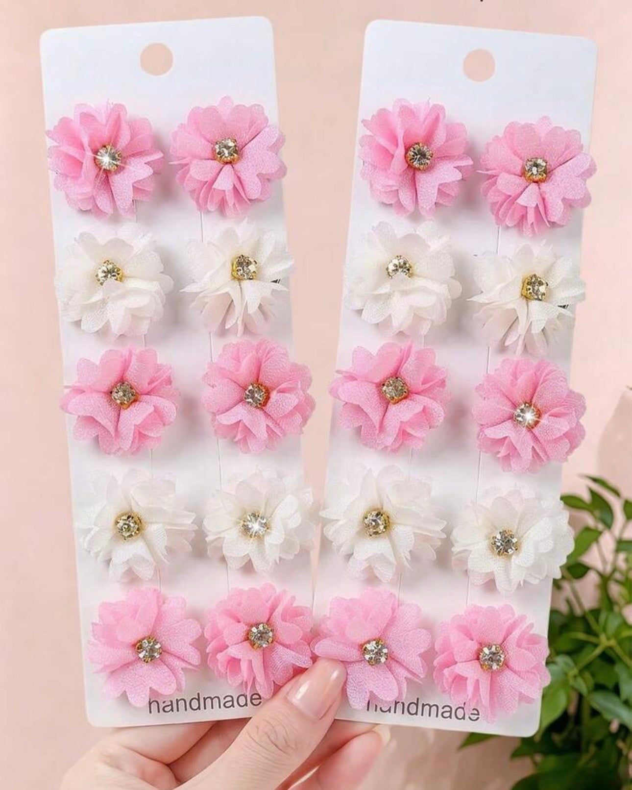 6/12 Pcs  Pink & White Rhinestone Flower Hair Clips
