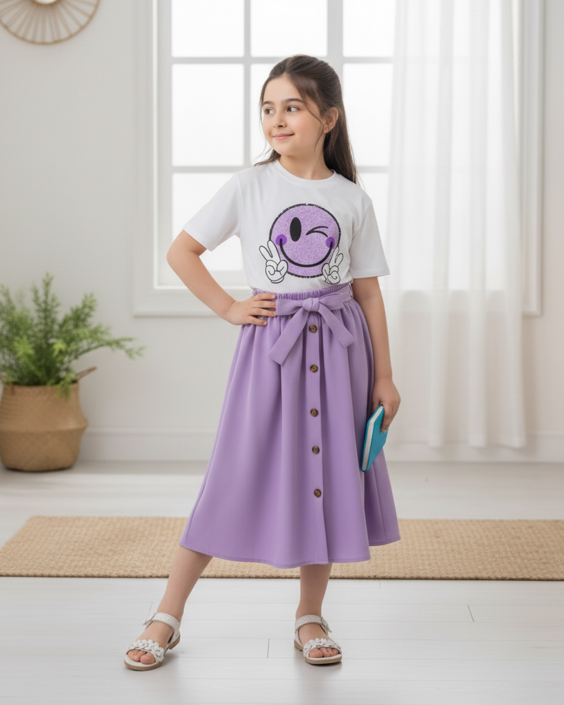 Smiley Printed Short Sleeve T-Shirt And Elastic Waist Skirt