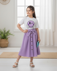 Smiley Printed Short Sleeve T-Shirt And Elastic Waist Skirt