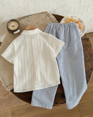 Young Boys 2-Piece Shirt & Sky Blue Bear Striped Pants Set