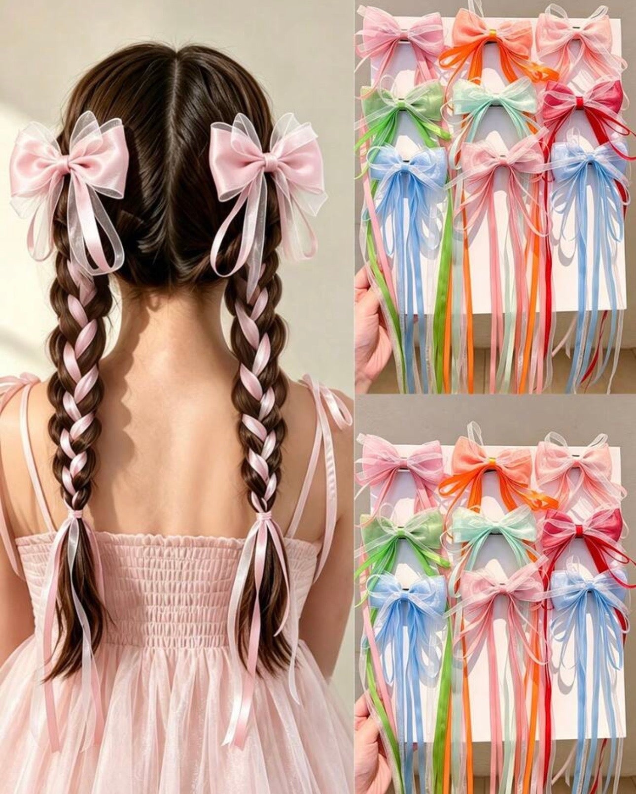 2-Piece Macaron Satin Pearl-Luster Tulle Bow Hair Clips for Girls
