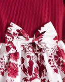 Girls’ Meroon  Summer Ruffled Sleeve Bow-Tie Floral Print Dress