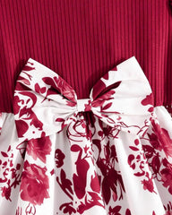 Girls’ Meroon  Summer Ruffled Sleeve Bow-Tie Floral Print Dress
