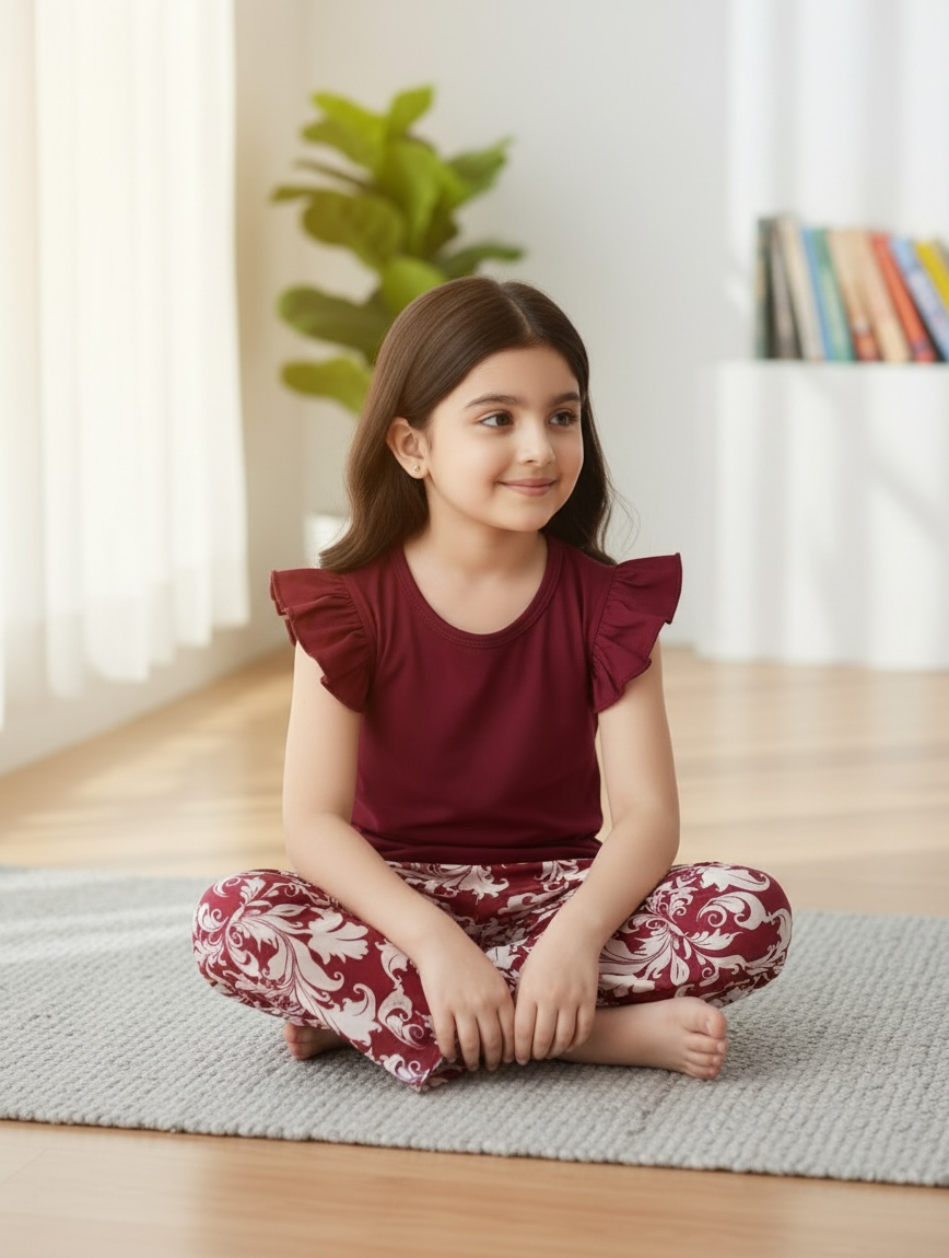 Girls’ Burgundy Flutter Sleeve Co-Ord Set
