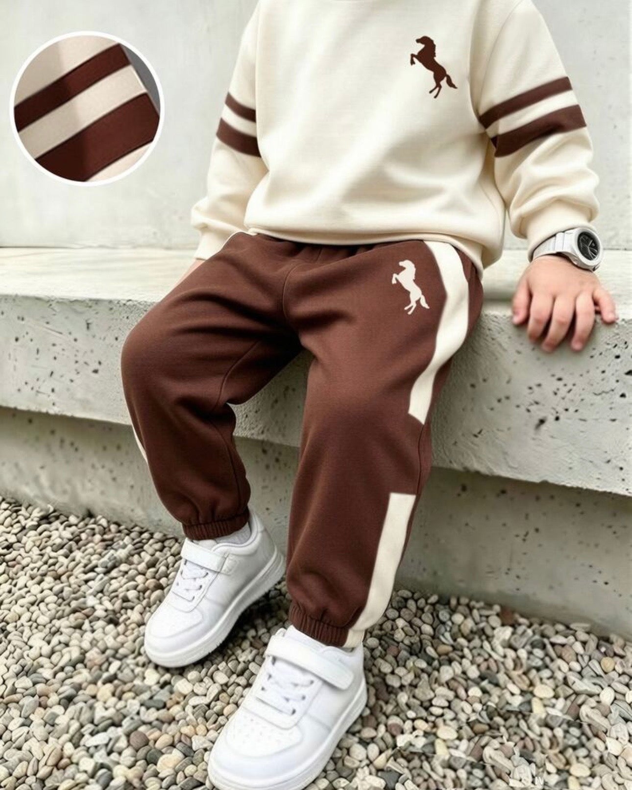 Boys Beige and Brown Long Sleeve Colorblock 2 Pieces set