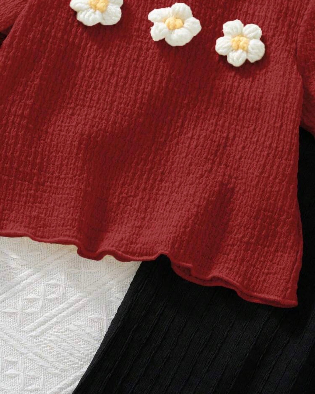 Girls Red and Black 3D Floral Textured T-Shirt & Pants Set – 2pcs Casual Outfit