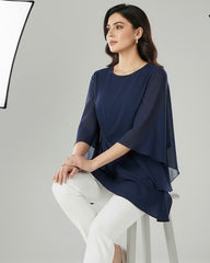 Women Flowy Navy Blue Butterfly Sleeve Waist Cinched Top
