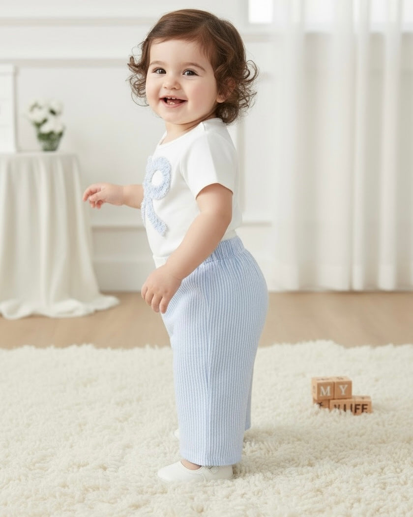 2pcs Baby Girl Sky Blue Striped Bow T-Shirt & Pants Set