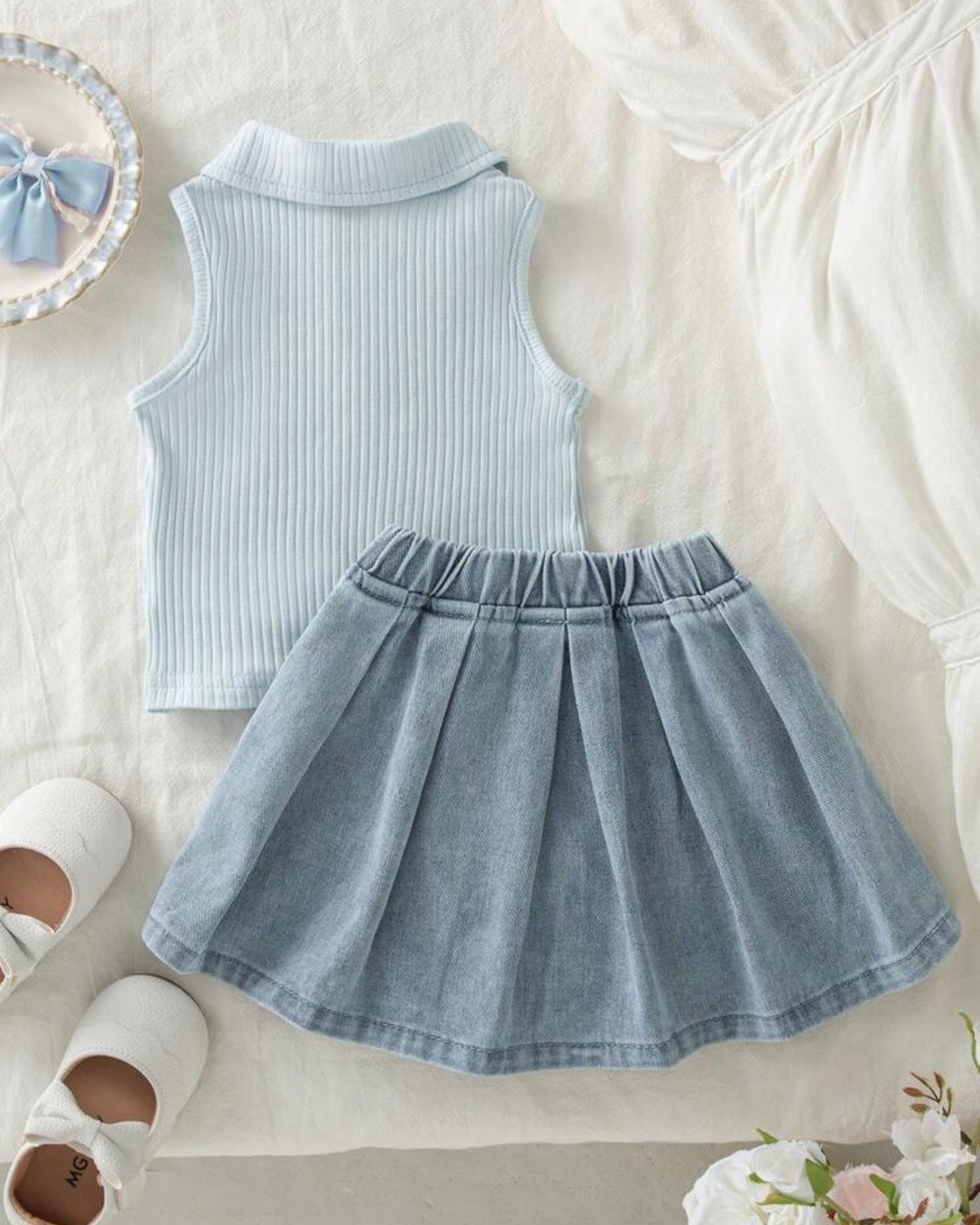 Girls’ Light Blue Sleeveless Polo Knit Top & Light Blue Denim Skirt