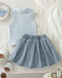 Girls’ Light Blue Sleeveless Polo Knit Top & Light Blue Denim Skirt