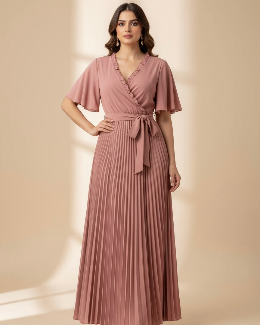 Women Tie-Up Bow Pleated Maxi Dress