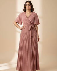 Women Tie-Up Bow Pleated Maxi Dress