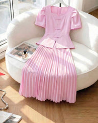 Girls’ Square Collar Puff Sleeve Top & Pleated Skirt Set