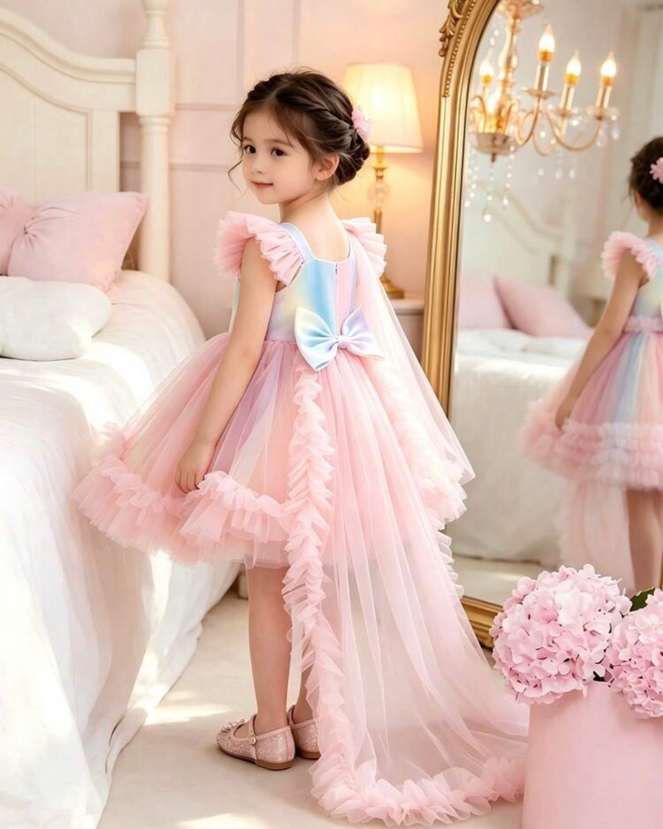 Baby Girls’ Rainbow Princess Trailing Dress | Birthday Party Gown