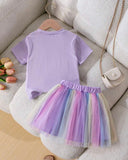 Girls Birthday Embroidery T-Shirt & Colorful Mesh Skirt 2-Piece Set