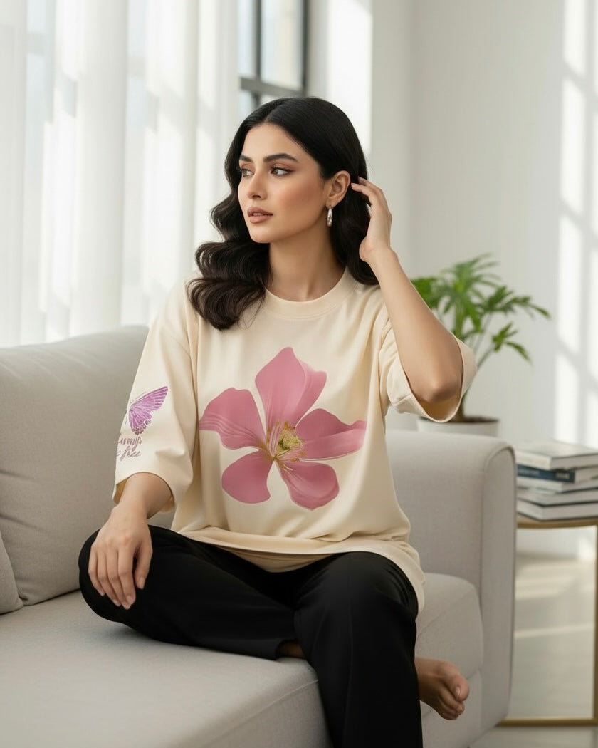 Plus Size Women Floral & Butterfly Print Casual Summer T-Shirt