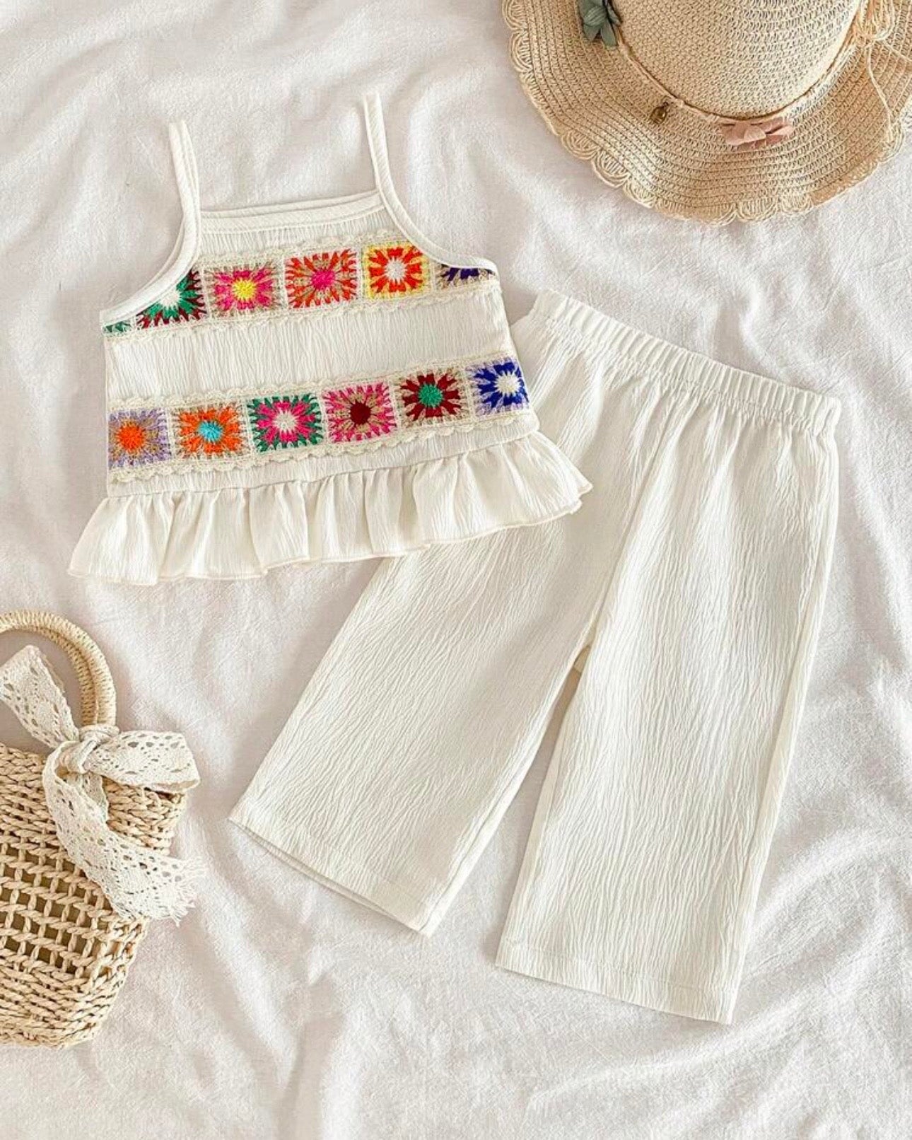 2Pcs Baby Girls Floral Crochet Top & Pants Set – Summer Outfit