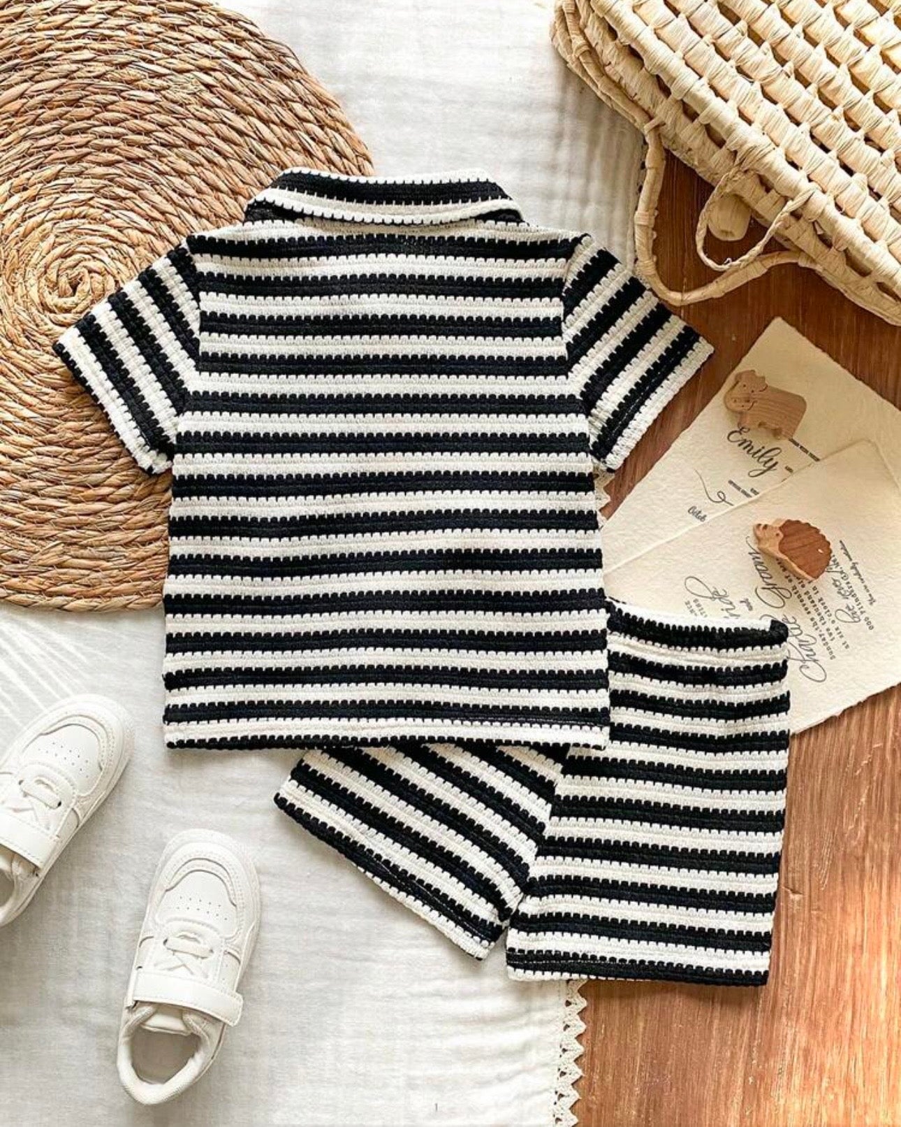 Baby Boy Black Striped Co-Ord Set – Collared Short Sleeve Shirt & Matching Shorts