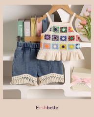 Boho Style Crochet Trim Camisole And Tassel Hem Denim Shorts Set