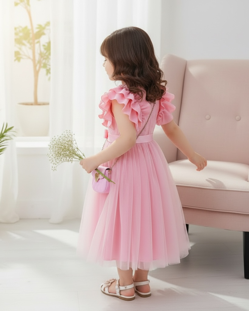 Young Girls Pink Cap Sleeve Mesh Dress