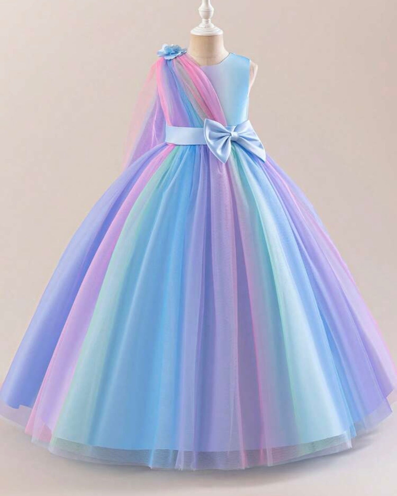 Girls Rainbow Ombre Princess Dress – Sleeveless Bow Tulle Puffy Long Gown