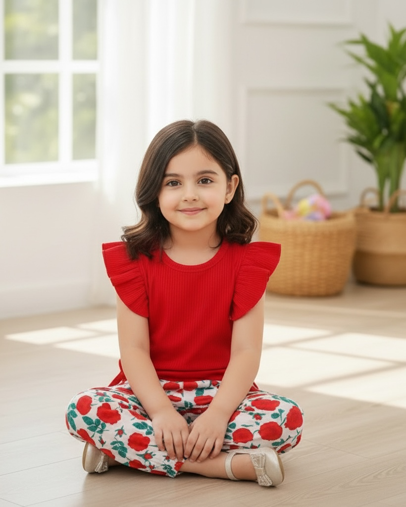 Baby Girls Red Striped Ruffle Sleeve T-Shirt & Floral Pants Set – 2pcs Summer Outfit
