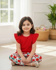 Baby Girls Red Striped Ruffle Sleeve T-Shirt & Floral Pants Set – 2pcs Summer Outfit