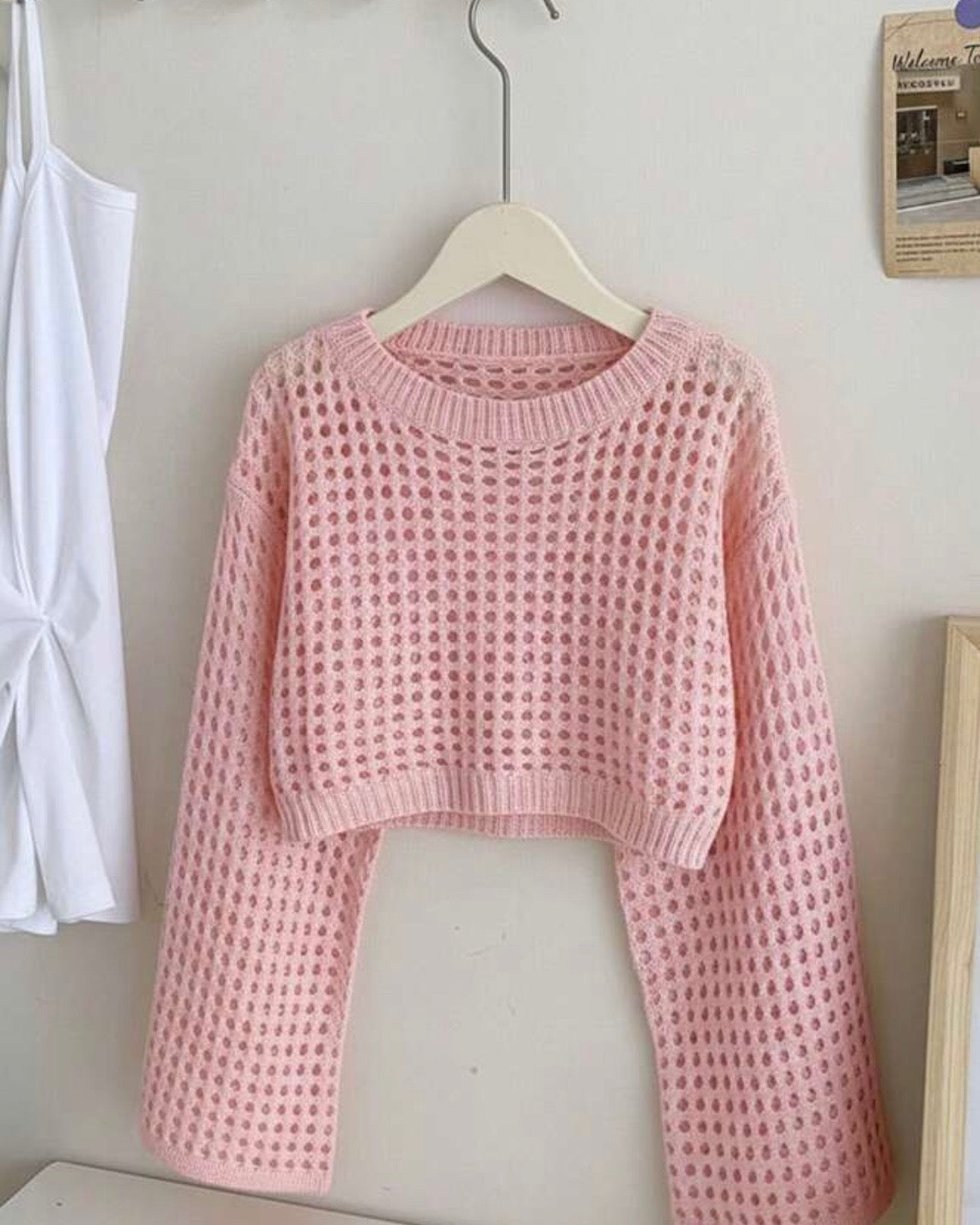 Tween Girls Baby Pink Crew Neck Long Sleeve Hollow Knitwear