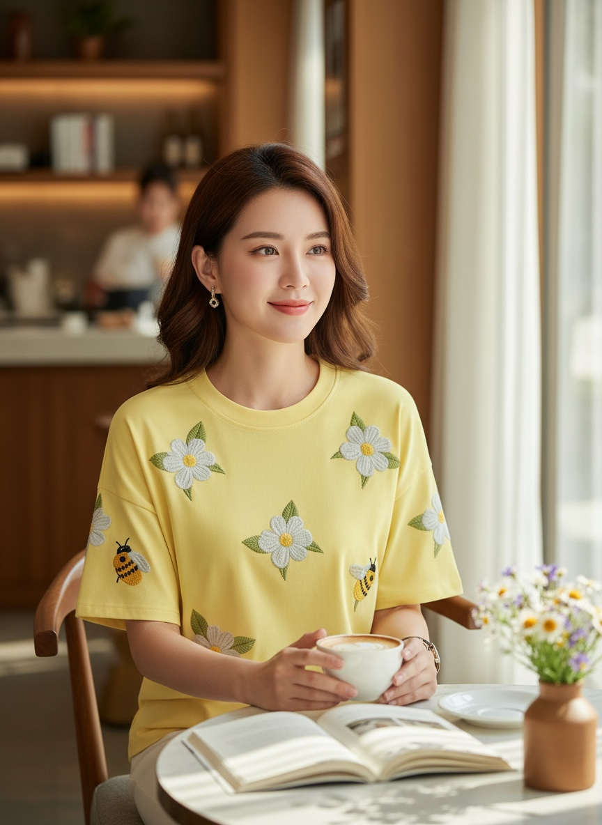 Women's Floral & Bee Embroidery Round Neck Short Sleeve Casual T-Shirt