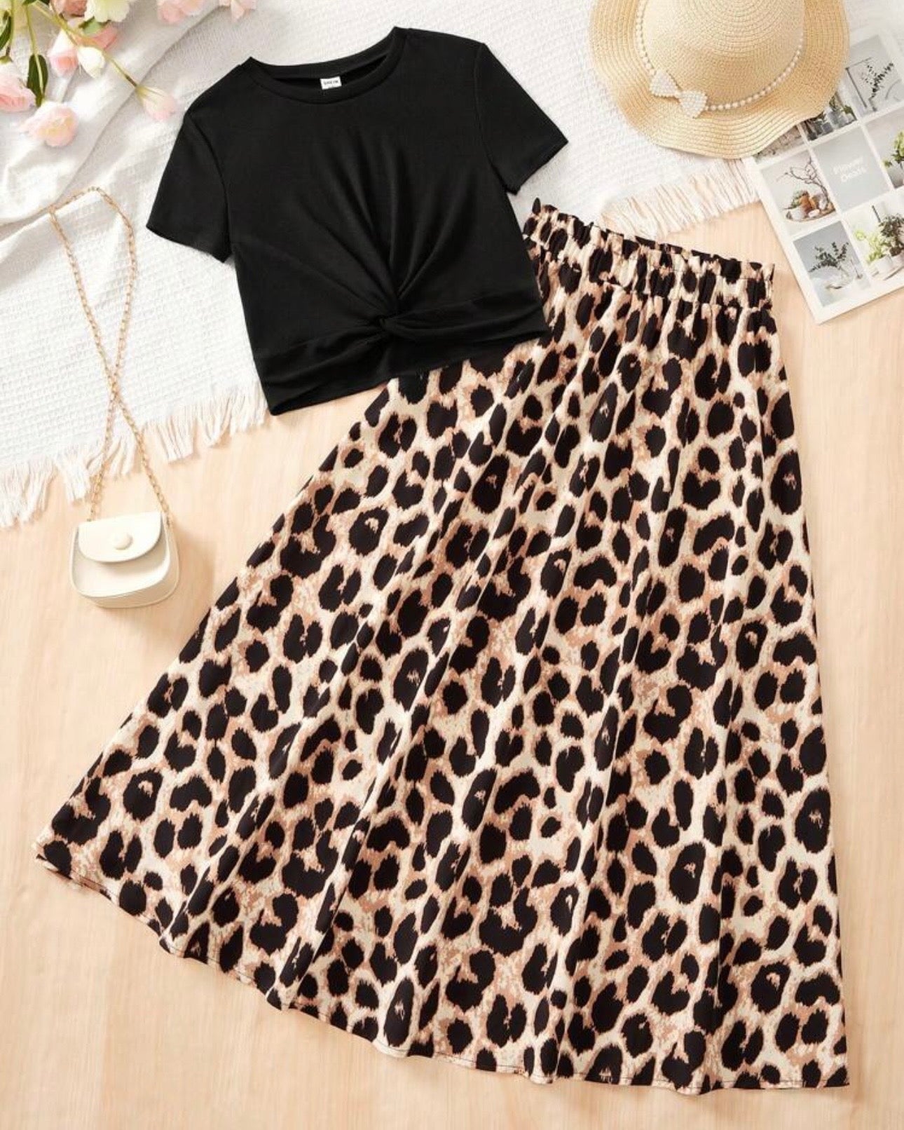 Tween Girls Twist Front T-Shirt & Leopard Print Maxi Skirt Set